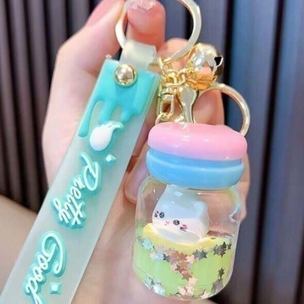 Tea Cup & Cat & Macaron Shaped Pink Keychain, Milk Bottle & Acrylic Keyring